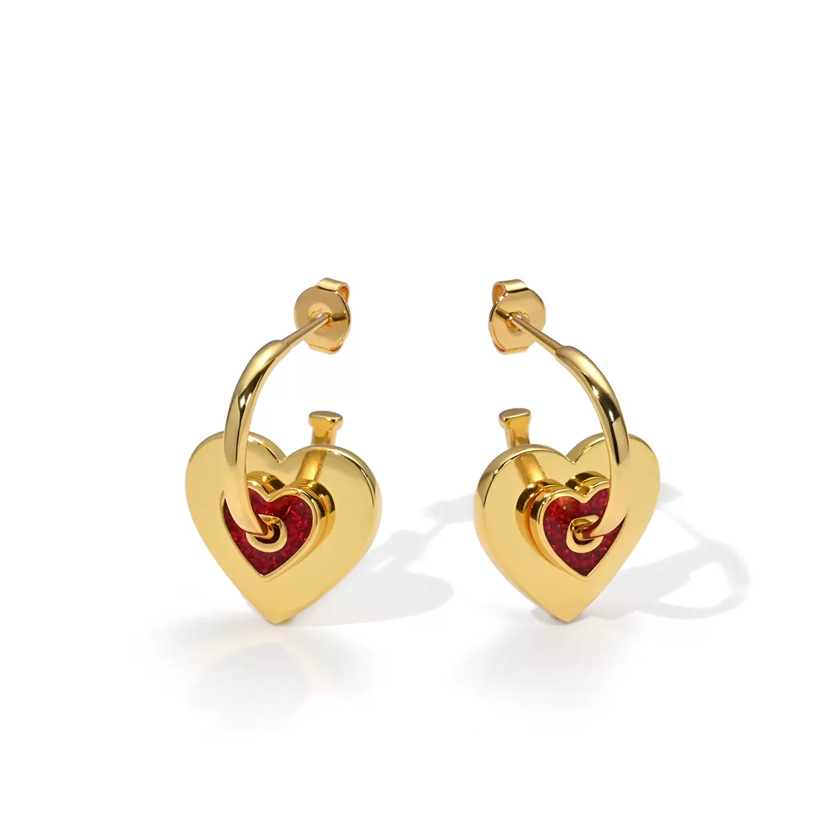 Red Heart Gold Earrings
